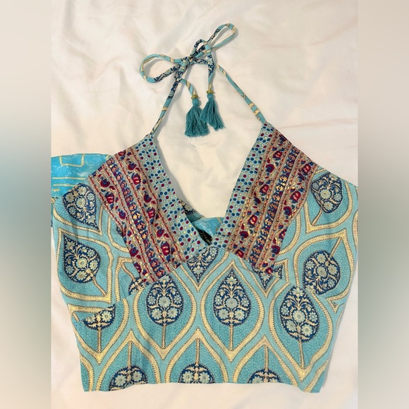 Handmade Bohemian Floral Silk Halter Tie Blue Patterned Summer Top. One Size. - Picture 5 of 10